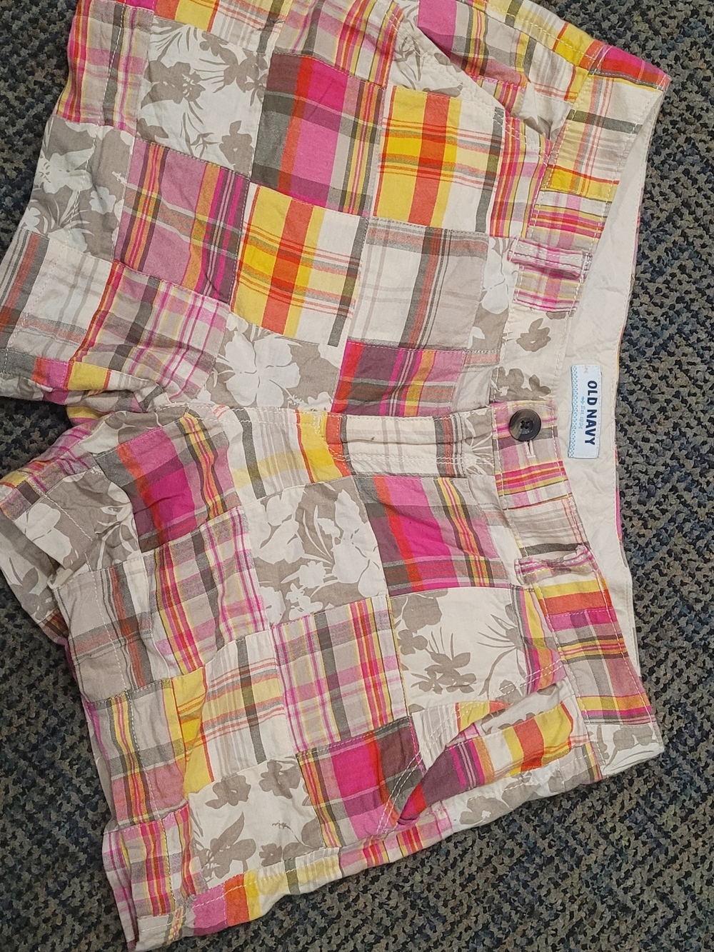 Old Navy Patchwork Plaid & Floral Shorts - Pink, Yellow, Tan